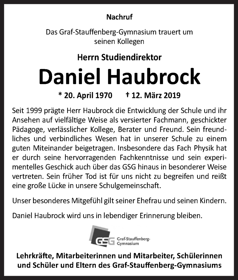  Traueranzeige für Daniel Haubrock vom 16.03.2019 aus Neue Osnabrücker Zeitung GmbH & Co. KG