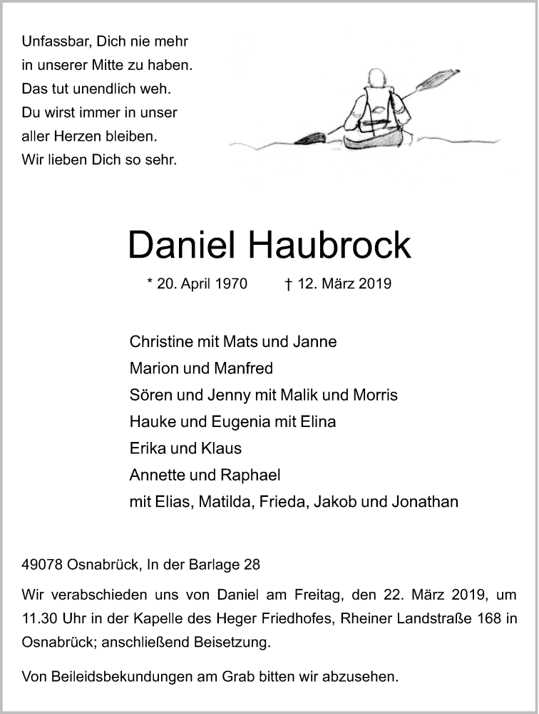  Traueranzeige für Daniel Haubrock vom 16.03.2019 aus Neue Osnabrücker Zeitung GmbH & Co. KG