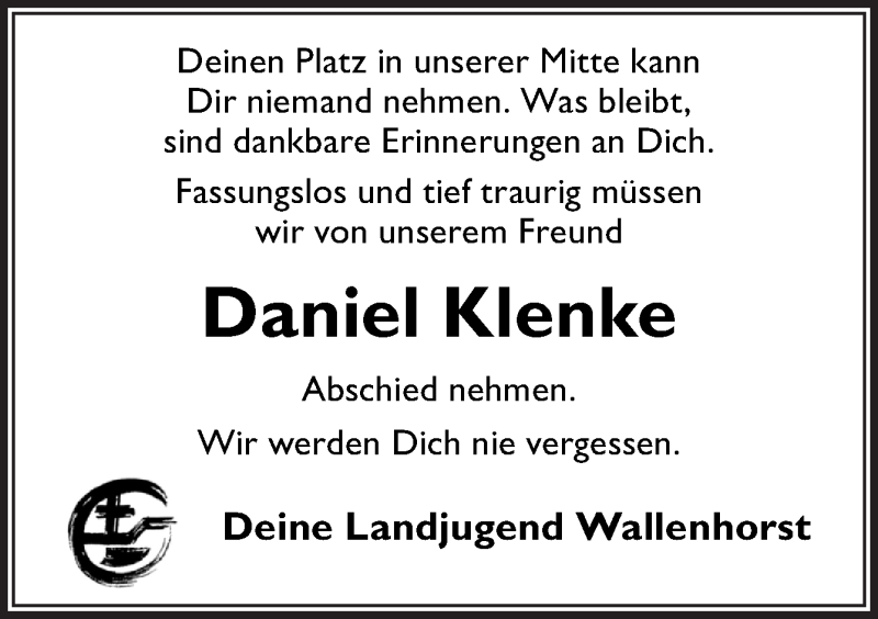  Traueranzeige für Daniel Klenke vom 08.03.2019 aus Neue Osnabrücker Zeitung GmbH & Co. KG