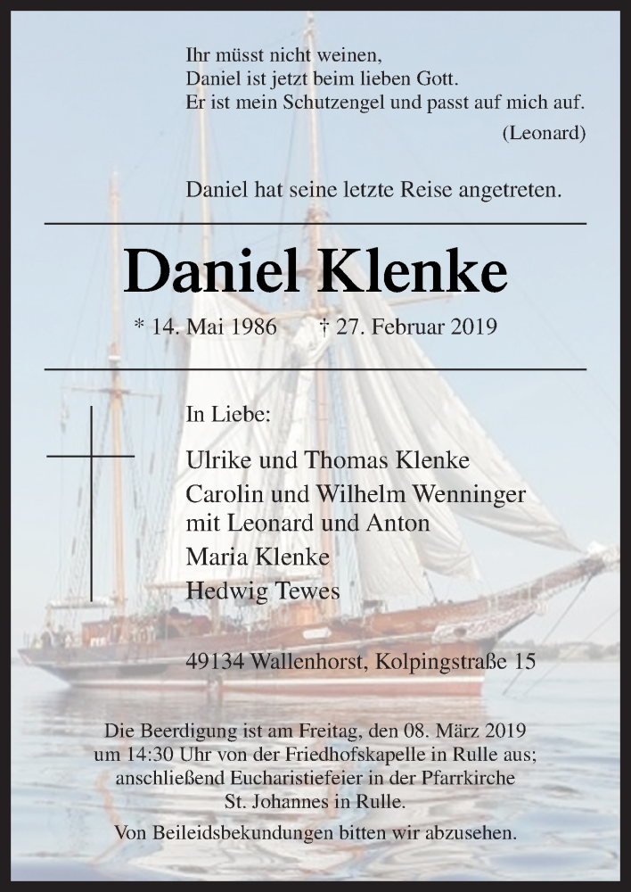  Traueranzeige für Daniel Klenke vom 04.03.2019 aus Neue Osnabrücker Zeitung GmbH & Co. KG
