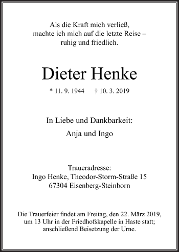 Traueranzeige von Dieter Henke von Neue Osnabrücker Zeitung GmbH & Co. KG