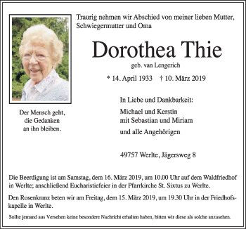 Traueranzeige von Dorothea Thie von Neue Osnabrücker Zeitung GmbH & Co. KG