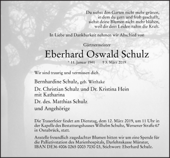 Traueranzeige von Eberhard Oswald Schulz von Neue Osnabrücker Zeitung GmbH & Co. KG