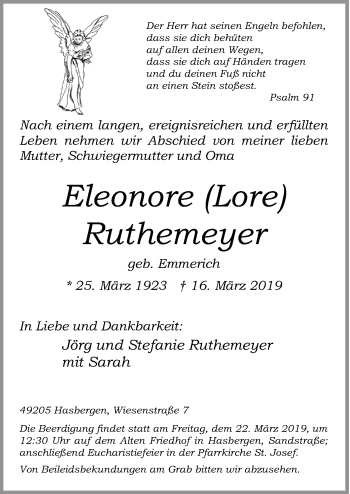 Traueranzeige von Eleonore Ruthemeyer von Neue Osnabrücker Zeitung GmbH & Co. KG