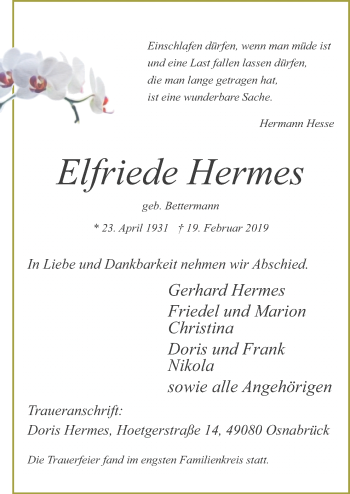 Traueranzeige von Elfriede Hermes von Neue Osnabrücker Zeitung GmbH & Co. KG