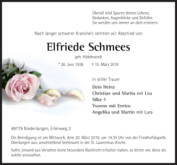 Traueranzeige von Elfriede Schmees von Neue Osnabrücker Zeitung GmbH & Co. KG