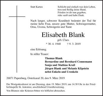 Traueranzeige von Elisabeth Blank von Neue Osnabrücker Zeitung GmbH & Co. KG