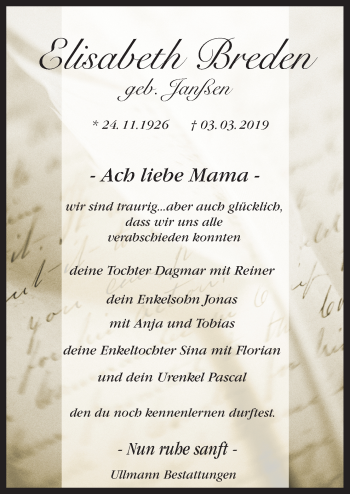 Traueranzeige von Elisabeth Breden von Neue Osnabrücker Zeitung GmbH & Co. KG