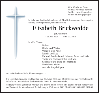 Traueranzeige von Elisabeth Brickwedde von Neue Osnabrücker Zeitung GmbH & Co. KG