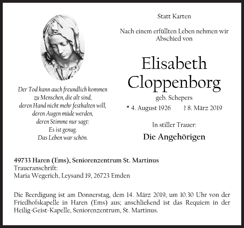  Traueranzeige für Elisabeth Cloppenborg vom 11.03.2019 aus Neue Osnabrücker Zeitung GmbH & Co. KG