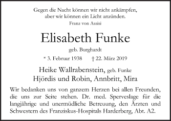 Traueranzeige von Elisabeth Funke von Neue Osnabrücker Zeitung GmbH & Co. KG