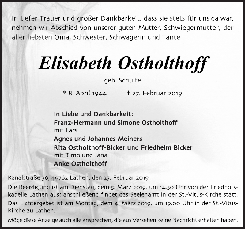  Traueranzeige für Elisabeth Ostholthoff vom 02.03.2019 aus Neue Osnabrücker Zeitung GmbH & Co. KG