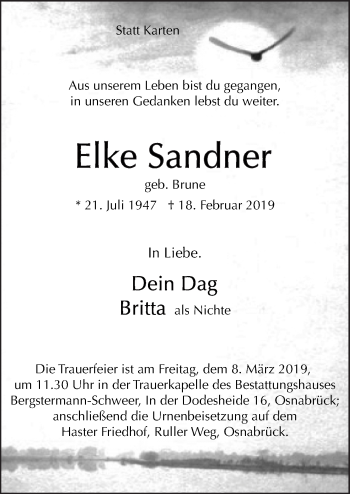 Traueranzeige von Elke Sandner von Neue Osnabrücker Zeitung GmbH & Co. KG