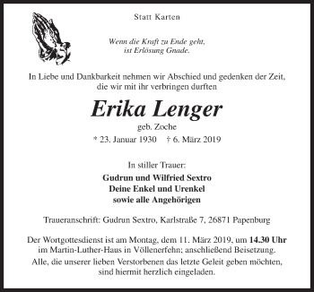 Traueranzeige von Erika Lenger von Neue Osnabrücker Zeitung GmbH & Co. KG