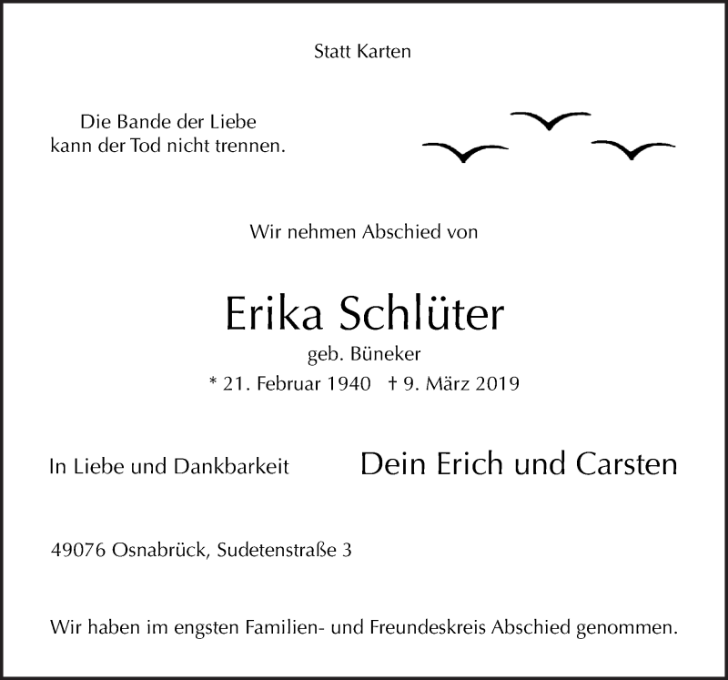  Traueranzeige für Erika Schlüter vom 23.03.2019 aus Neue Osnabrücker Zeitung GmbH & Co. KG