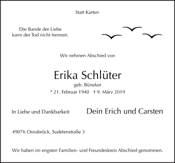 Traueranzeige von Erika Schlüter von Neue Osnabrücker Zeitung GmbH & Co. KG