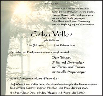 Traueranzeige von Erika Völler von Neue Osnabrücker Zeitung GmbH & Co. KG