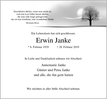 Traueranzeige von Erwin Janke von Neue Osnabrücker Zeitung GmbH & Co. KG