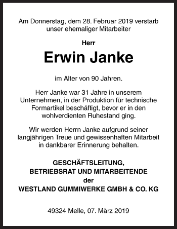 Traueranzeige von Erwin Janke von Neue Osnabrücker Zeitung GmbH & Co. KG