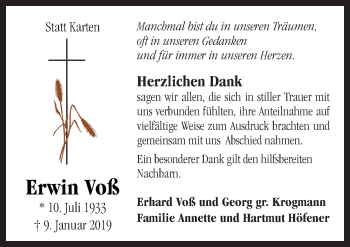 Traueranzeige von Erwin Voß von Neue Osnabrücker Zeitung GmbH & Co. KG