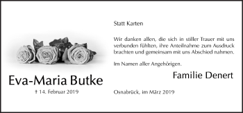 Traueranzeige von Eva-Maria Butke von Neue Osnabrücker Zeitung GmbH & Co. KG