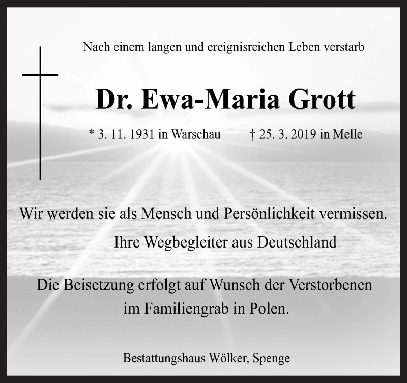  Traueranzeige für Ewa-Maria Grott vom 30.03.2019 aus Neue Osnabrücker Zeitung GmbH & Co. KG