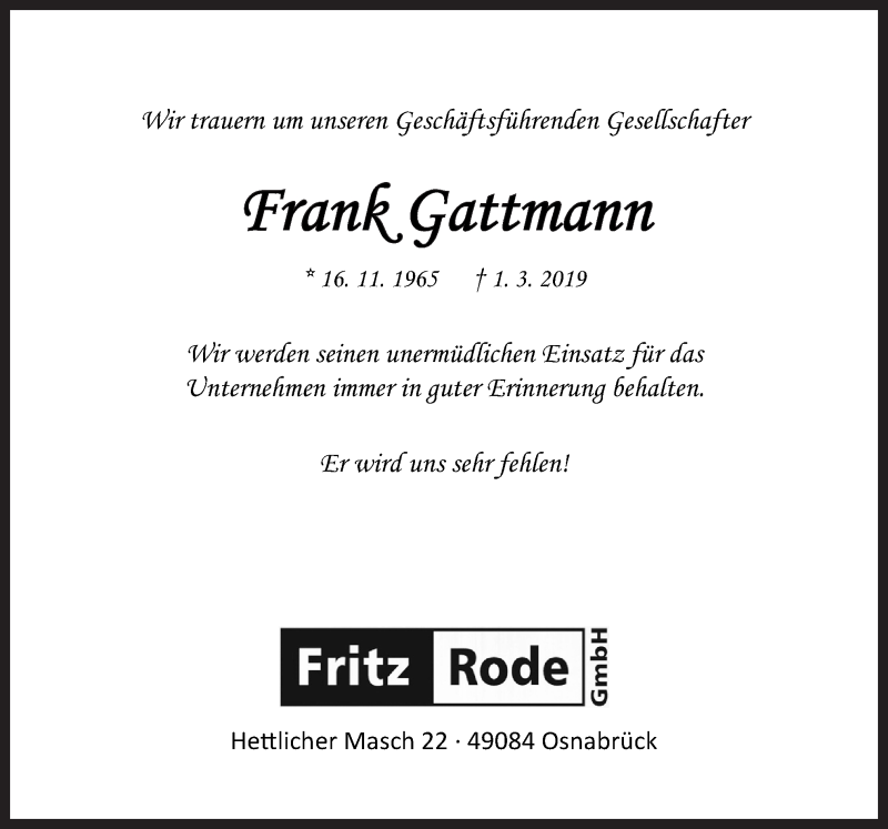  Traueranzeige für Frank Gattmann vom 07.03.2019 aus Neue Osnabrücker Zeitung GmbH & Co. KG