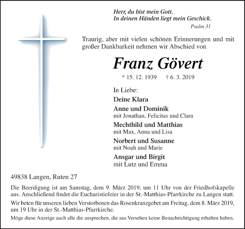  Traueranzeige für Franz Gövert vom 08.03.2019 aus Neue Osnabrücker Zeitung GmbH & Co. KG