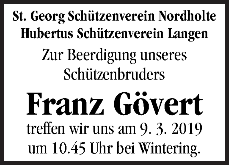 Traueranzeige für Franz Gövert vom 08.03.2019 aus Neue Osnabrücker Zeitung GmbH & Co. KG
