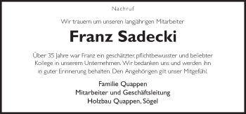 Traueranzeige von Franz Sadecki von Neue Osnabrücker Zeitung GmbH & Co. KG