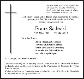 Traueranzeige von Franz Sadecki von Neue Osnabrücker Zeitung GmbH & Co. KG