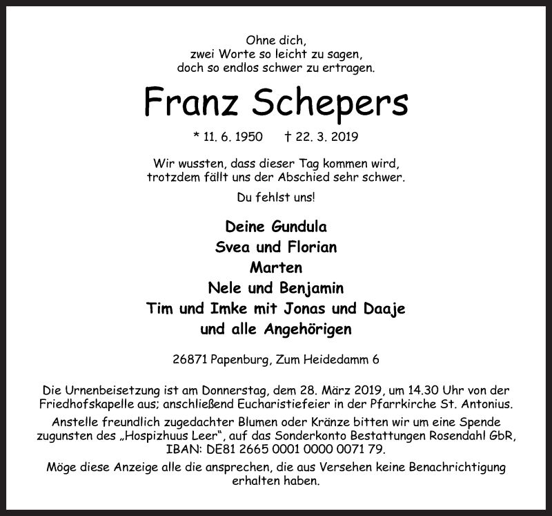  Traueranzeige für Franz Schepers vom 25.03.2019 aus Neue Osnabrücker Zeitung GmbH & Co. KG