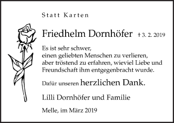 Traueranzeige von Friedhelm Dornhöfer von Neue Osnabrücker Zeitung GmbH & Co. KG