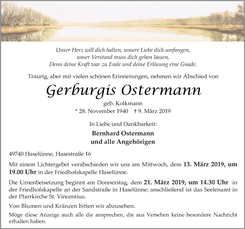  Traueranzeige für Gerburgis Ostermann vom 11.03.2019 aus Neue Osnabrücker Zeitung GmbH & Co. KG