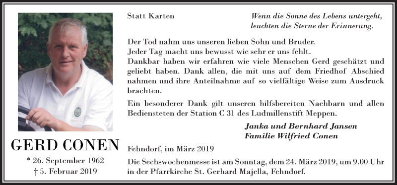  Traueranzeige für Gerd Conen vom 21.03.2019 aus Neue Osnabrücker Zeitung GmbH & Co. KG