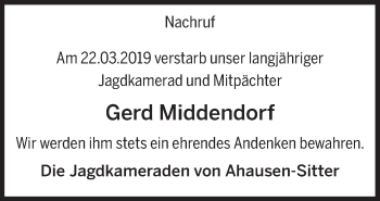 Traueranzeige von Gerd Middendorf von Neue Osnabrücker Zeitung GmbH & Co. KG