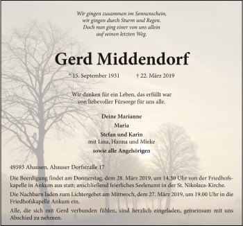 Traueranzeige von Gerd Middendorf von Neue Osnabrücker Zeitung GmbH & Co. KG