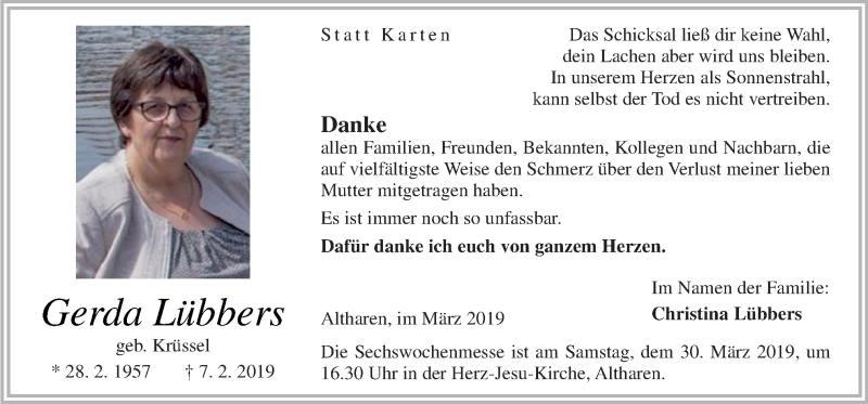  Traueranzeige für Gerda Lübbers vom 27.03.2019 aus Neue Osnabrücker Zeitung GmbH & Co. KG
