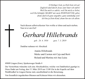 Traueranzeige von Gerhard Hillebrands von Neue Osnabrücker Zeitung GmbH & Co. KG