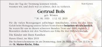 Traueranzeige von Gertrud Bols von Neue Osnabrücker Zeitung GmbH & Co. KG
