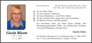 Traueranzeige von Gisela Bloem von Neue Osnabrücker Zeitung GmbH & Co. KG