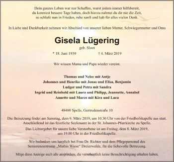Traueranzeige von Gisela Lügering von Neue Osnabrücker Zeitung GmbH & Co. KG
