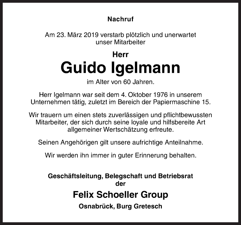  Traueranzeige für Guido Igelmann vom 28.03.2019 aus Neue Osnabrücker Zeitung GmbH & Co. KG
