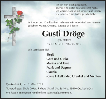 Traueranzeige von Gusti Dröge von Neue Osnabrücker Zeitung GmbH & Co. KG