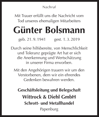 Traueranzeige von Günter Bolsmann von Neue Osnabrücker Zeitung GmbH & Co. KG