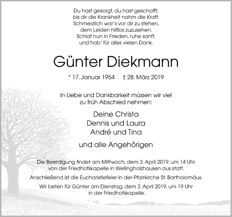  Traueranzeige für Günter Diekmann vom 30.03.2019 aus Neue Osnabrücker Zeitung GmbH & Co. KG