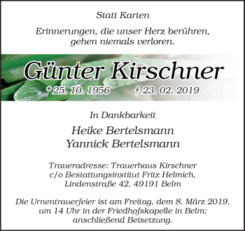 Traueranzeige von Günter Kirschner von Neue Osnabrücker Zeitung GmbH & Co. KG