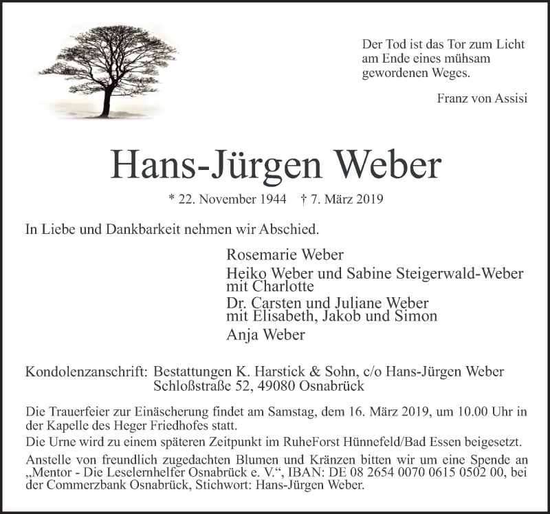  Traueranzeige für Hans-Jürgen Weber vom 13.03.2019 aus Neue Osnabrücker Zeitung GmbH & Co. KG