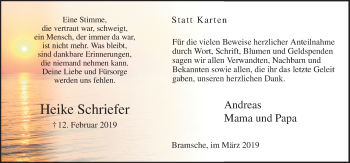 Traueranzeige von Heike Schriefer von Neue Osnabrücker Zeitung GmbH & Co. KG