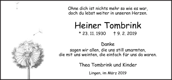 Traueranzeige von Heiner Tombrink von Neue Osnabrücker Zeitung GmbH & Co. KG